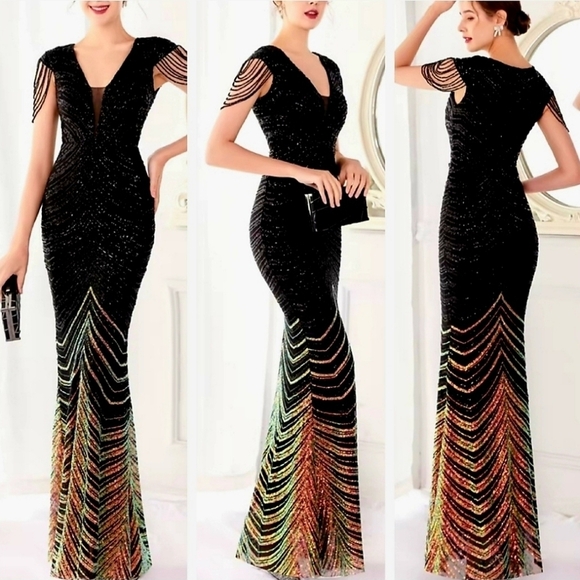 Black Chevron Print, Contrast Sequined and Mesh V Neck Cap Sleeve Mermai… - Picture 1 of 16